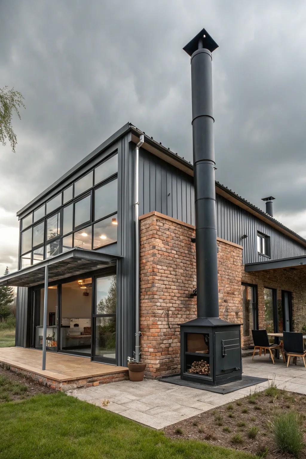Metal accents and a black chimney give this home an industrial vibe.