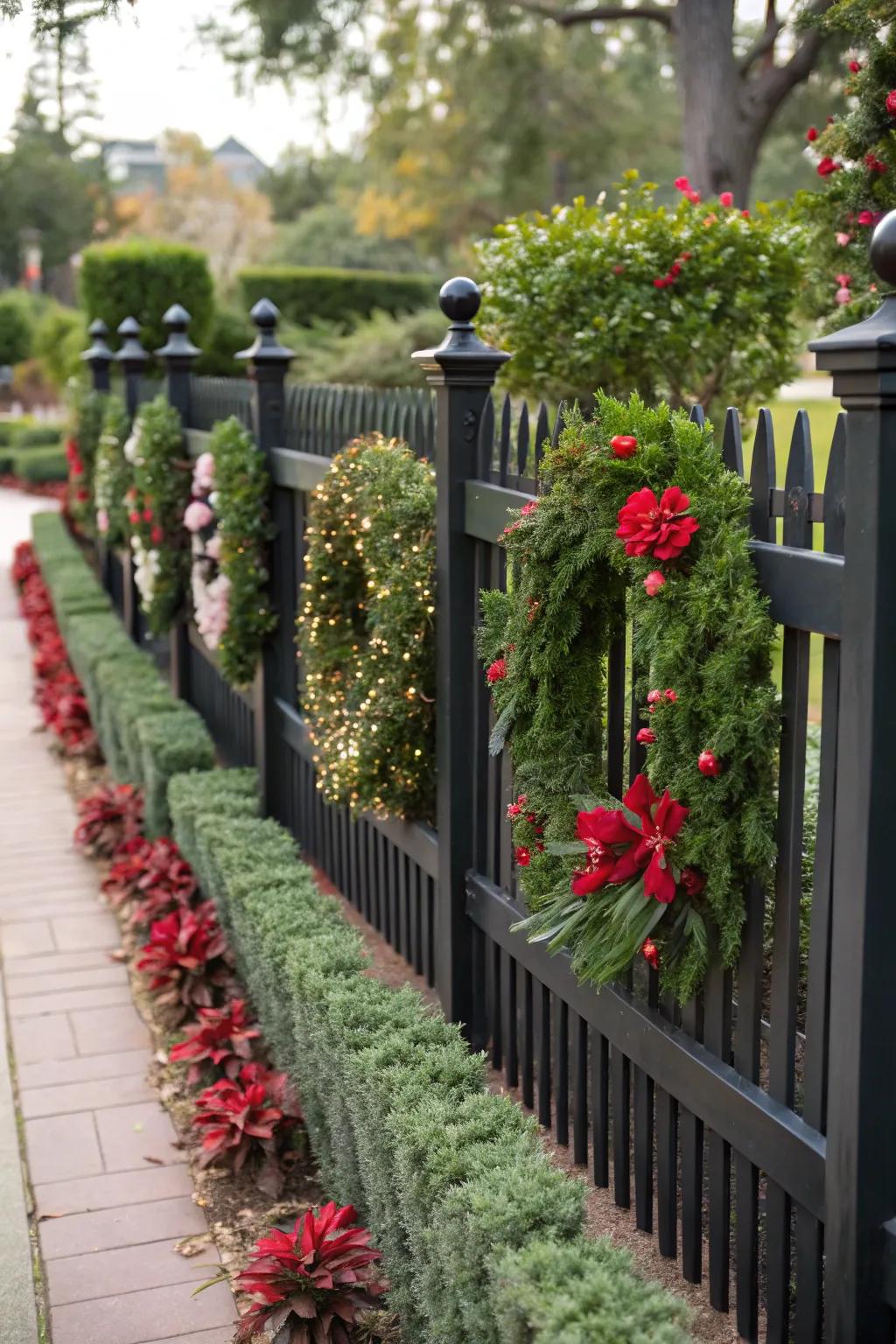 Seasonal decor adds a festive touch to a black fence.