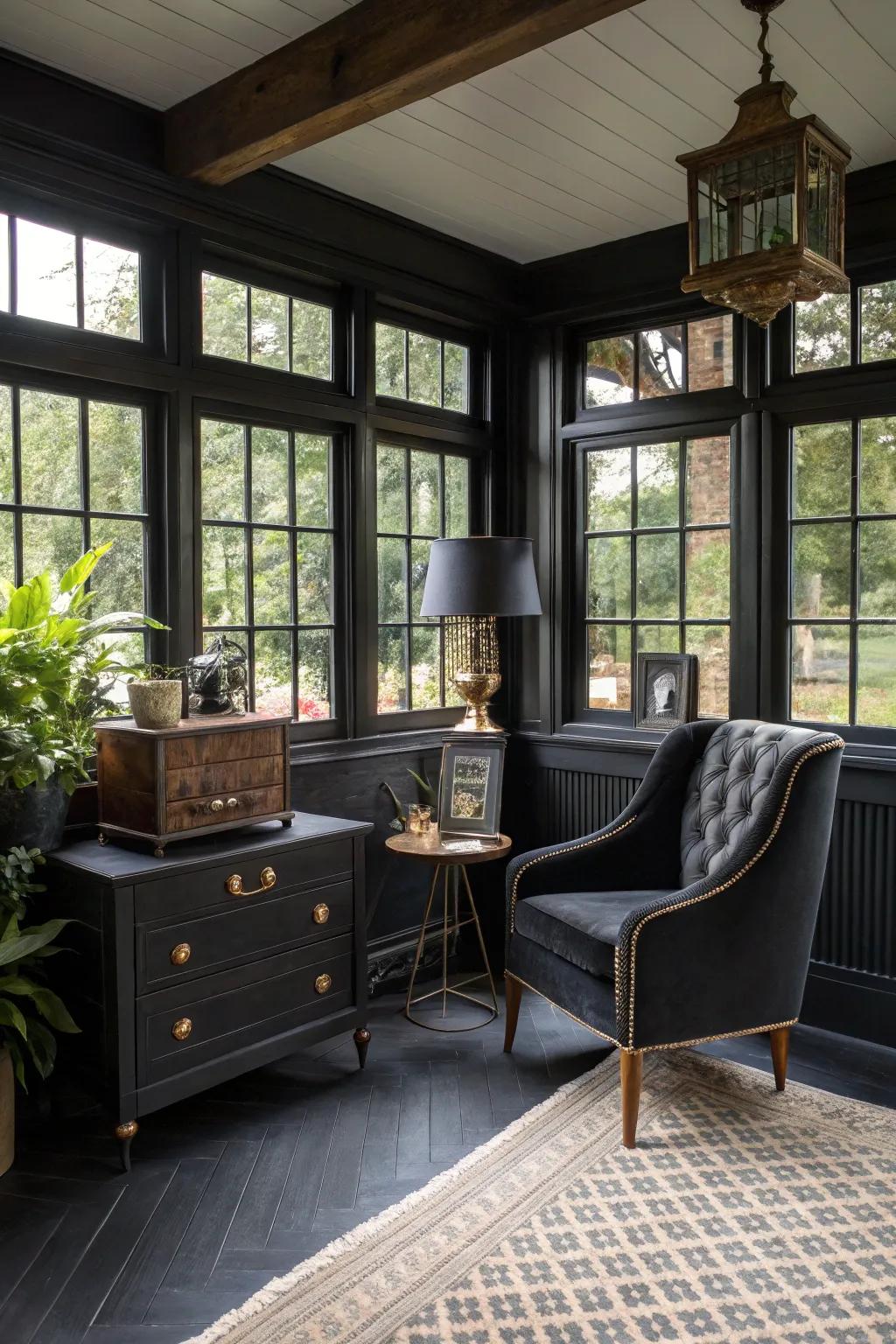 An eclectic mix of old and new adds character to a stylish black sunroom.