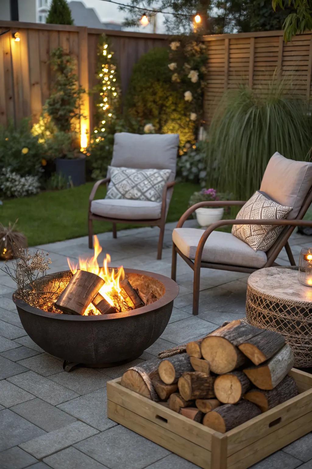 Keep firewood handy with a fire pit featuring a built-in log holder.