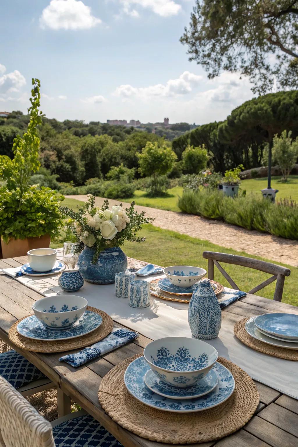 A charming blue and white outdoor dining setup
