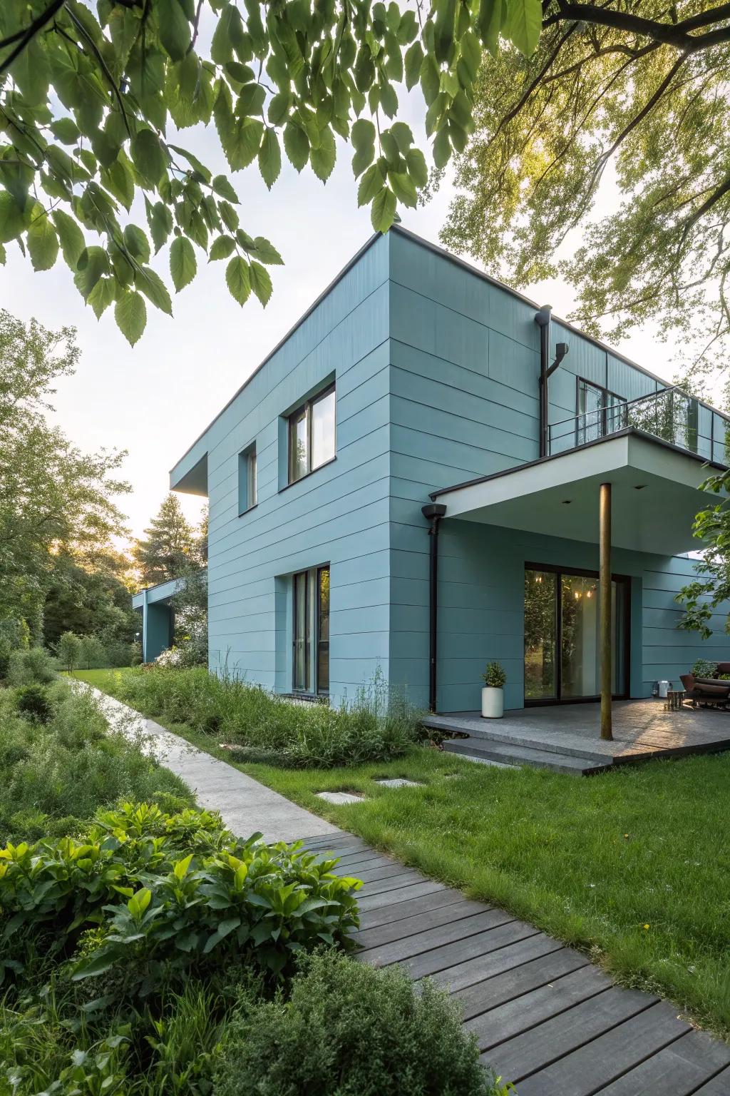 A modern home refreshes with its icy blue exterior and lush surroundings.