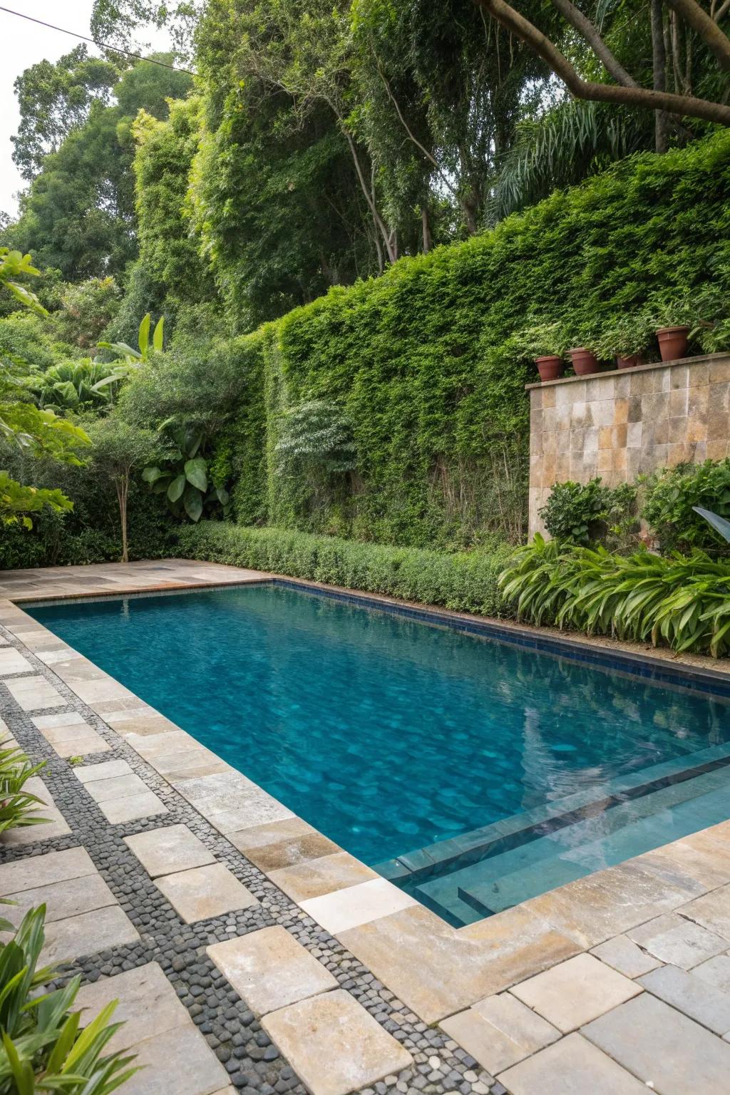 Blend blue tiles with natural elements for seamless design.