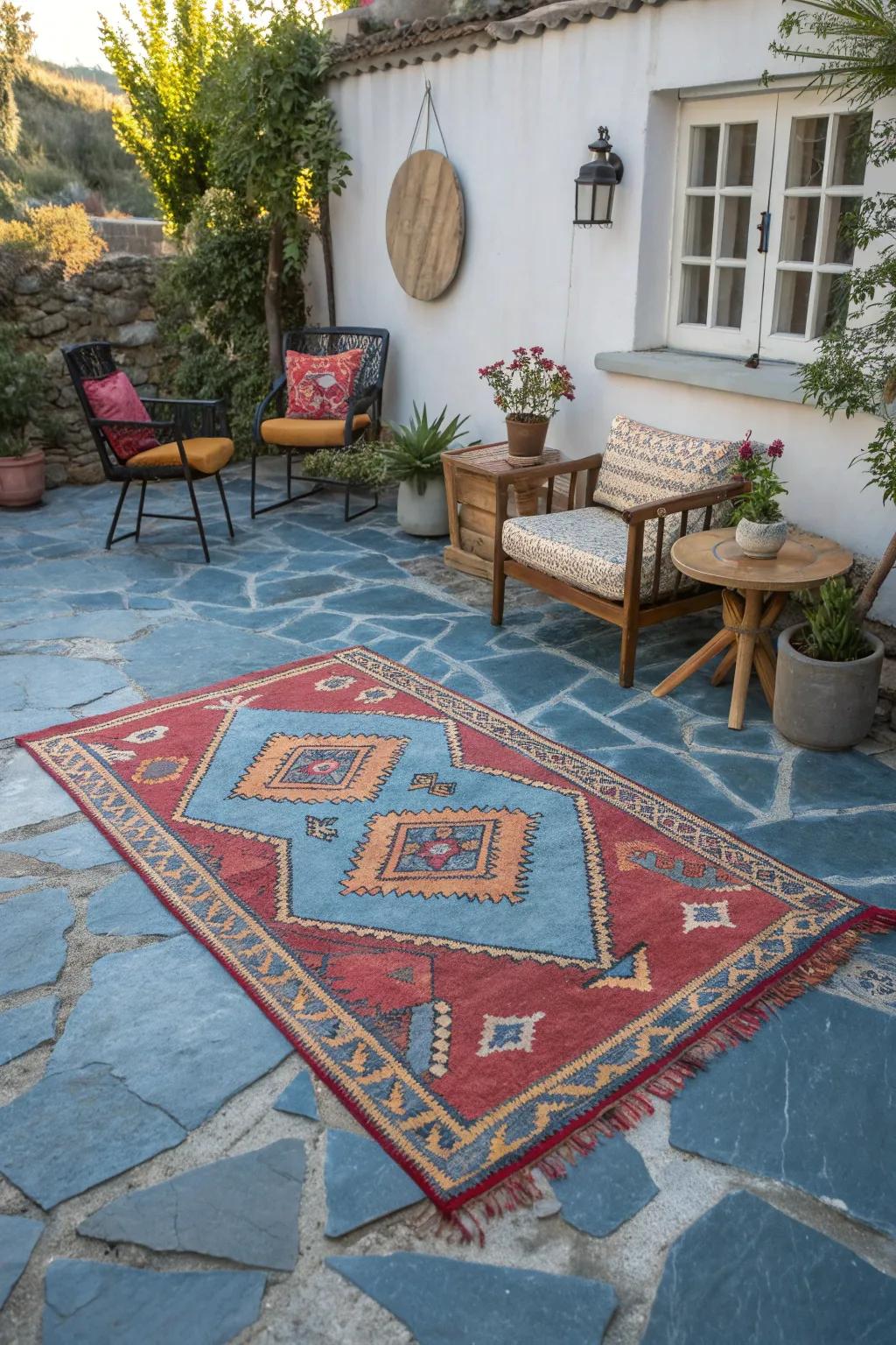 Bohemian vibes with vintage rug and blue stone