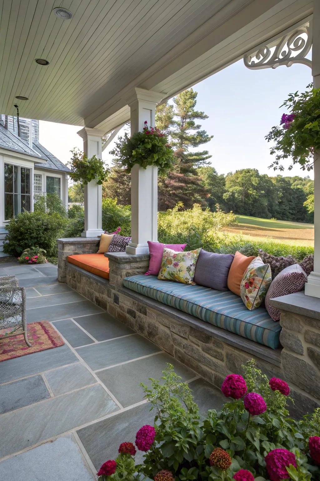 A bluestone porch featuring built-in seating.