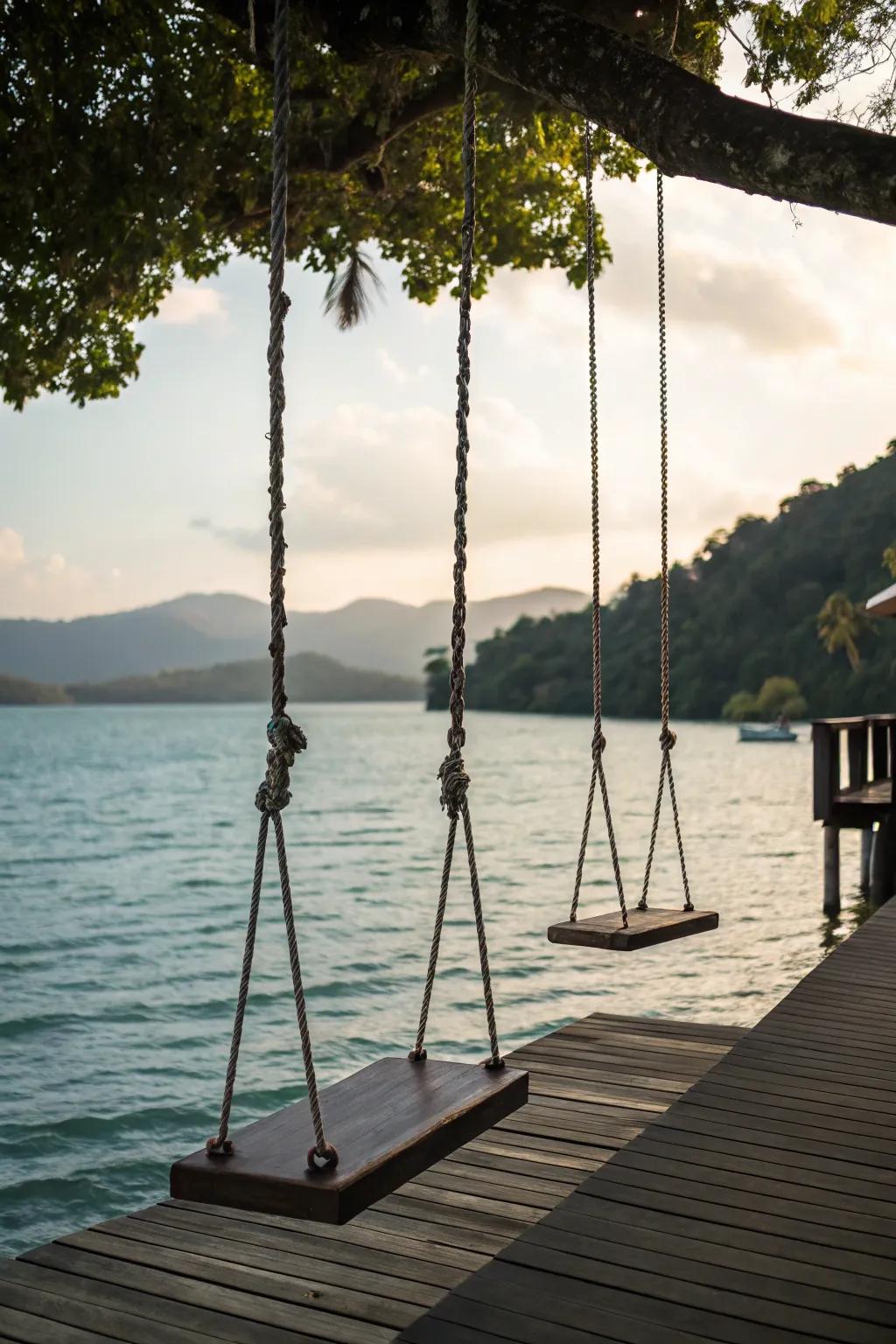 Swings over the water offer an exciting dockside attraction.