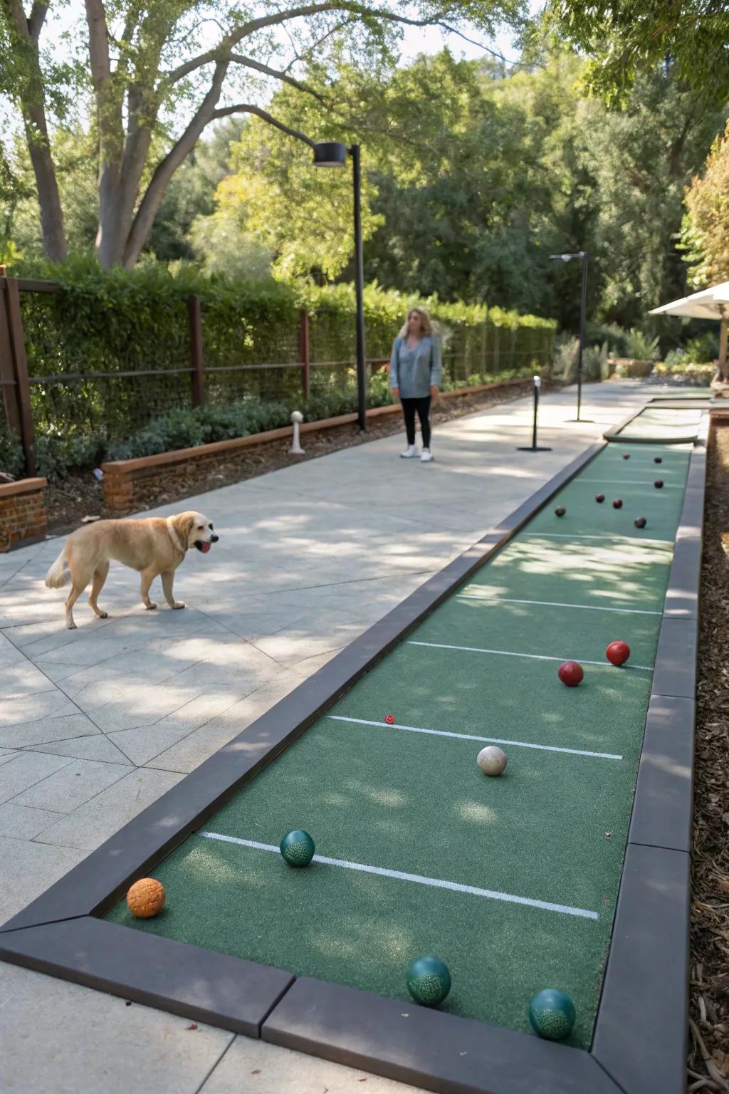 A bocce court designed with pets in mind.
