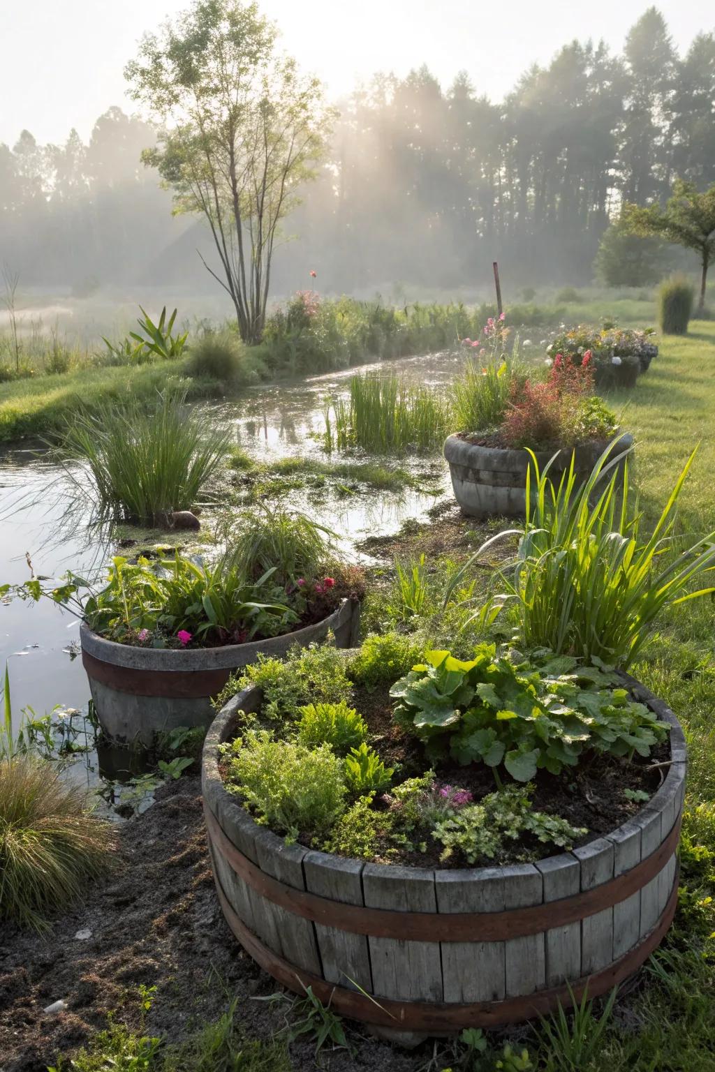 Repurposed planters bring character and charm to a bog garden.
