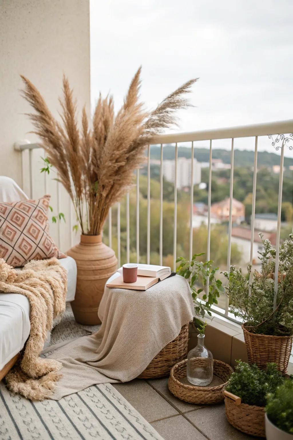 Pampas grass adds natural elegance to your boho balcony.