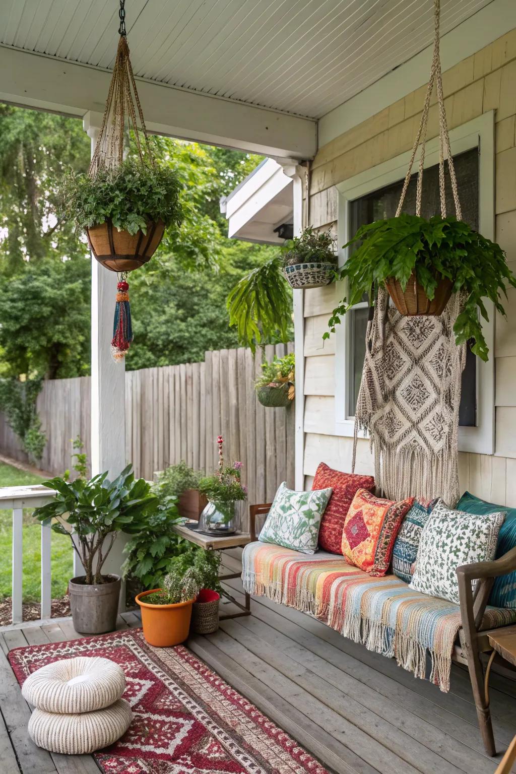 Vintage finds add unique charm to your bohemian porch.
