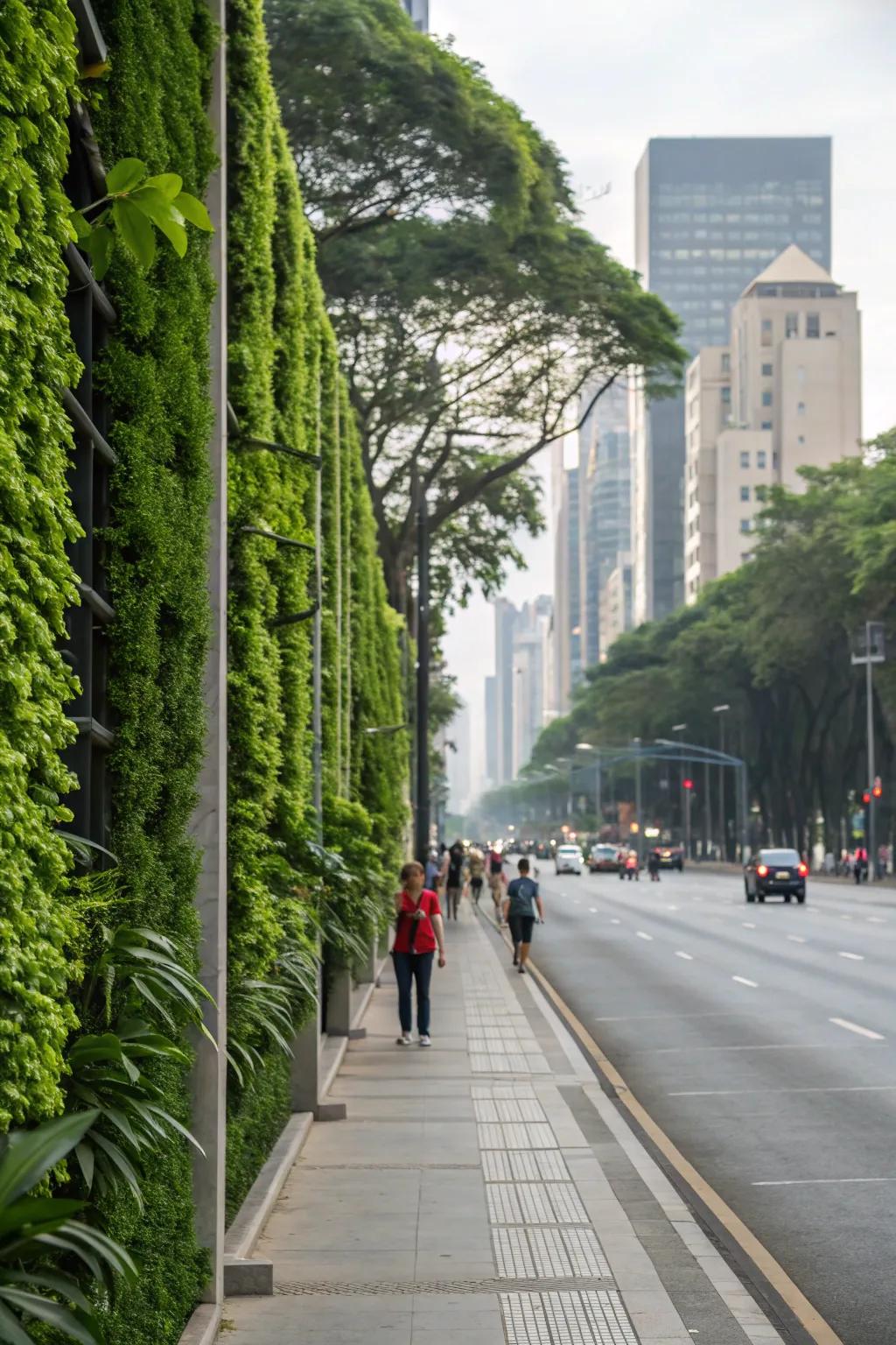 Vertical planters create a lush green wall effect.