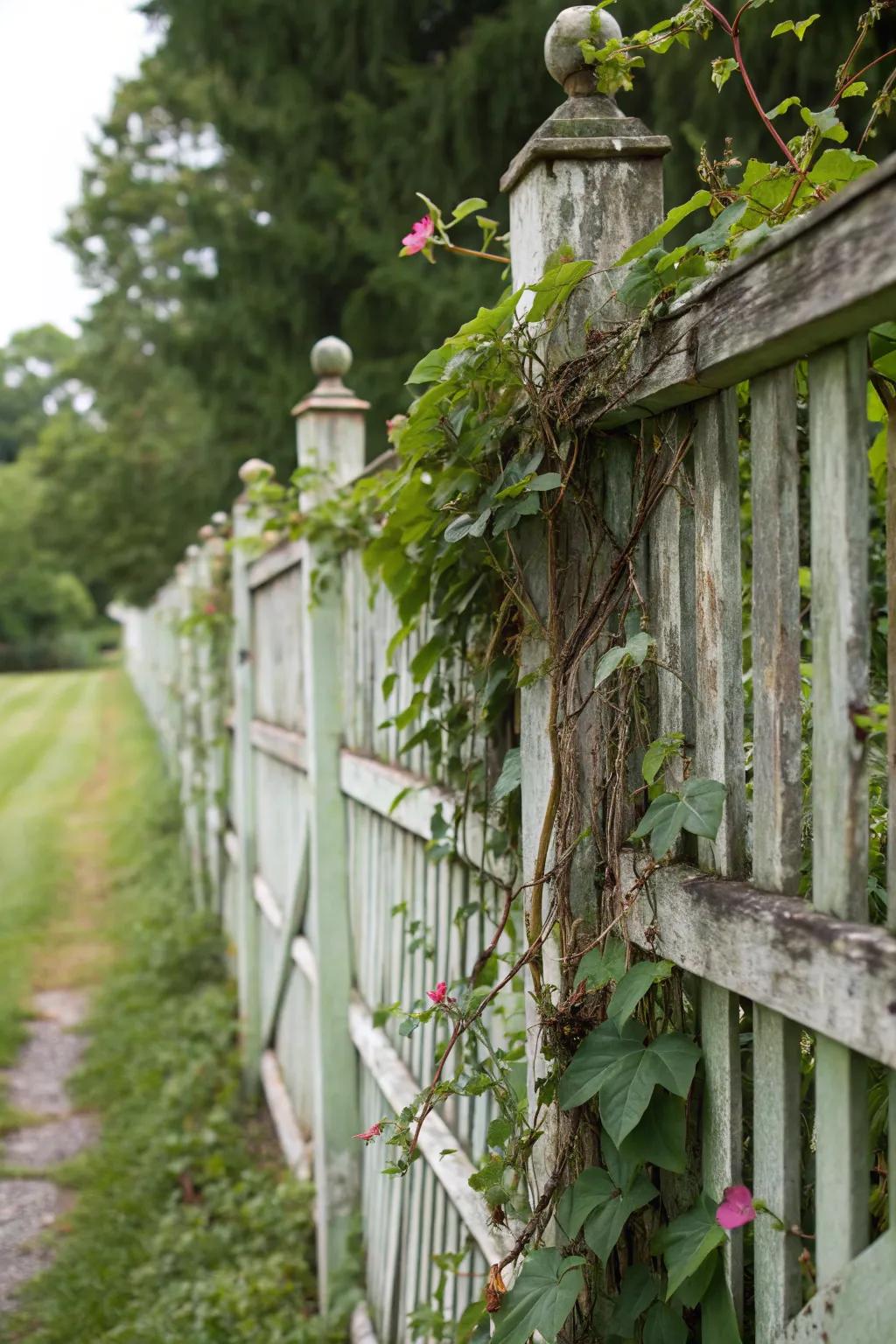A trellis fence adorned with colorful climbing vines.