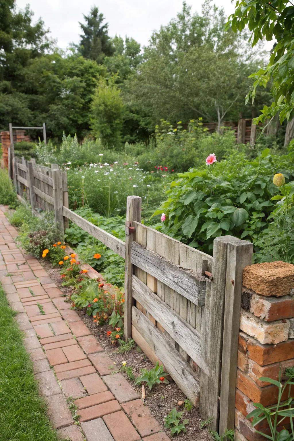 An eco-friendly fence using reclaimed wood and bricks