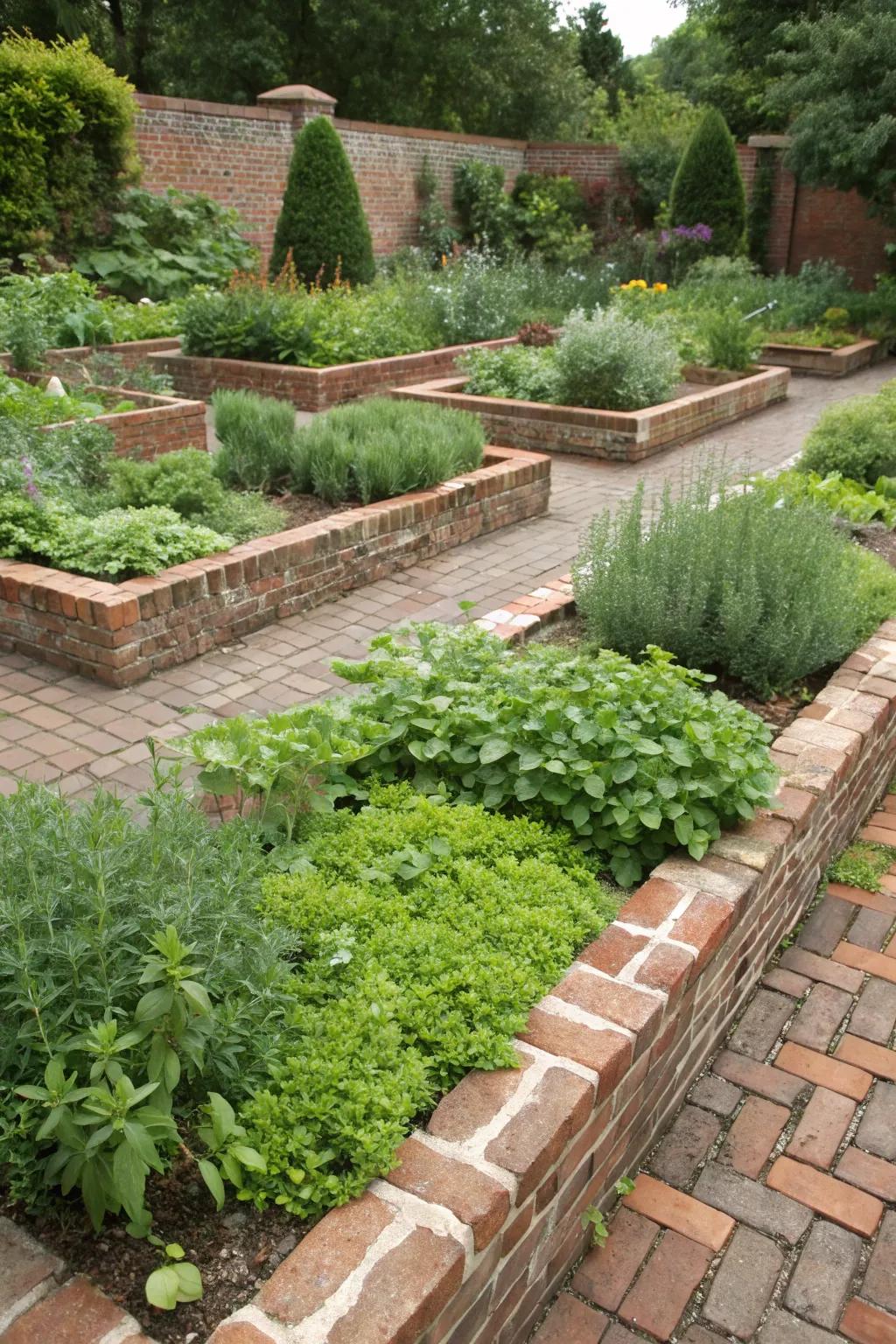 Brick edging keeps herb gardens neat and organized.