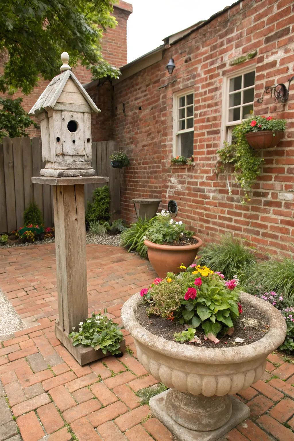 Whimsical elements like a birdhouse add charm to the courtyard.