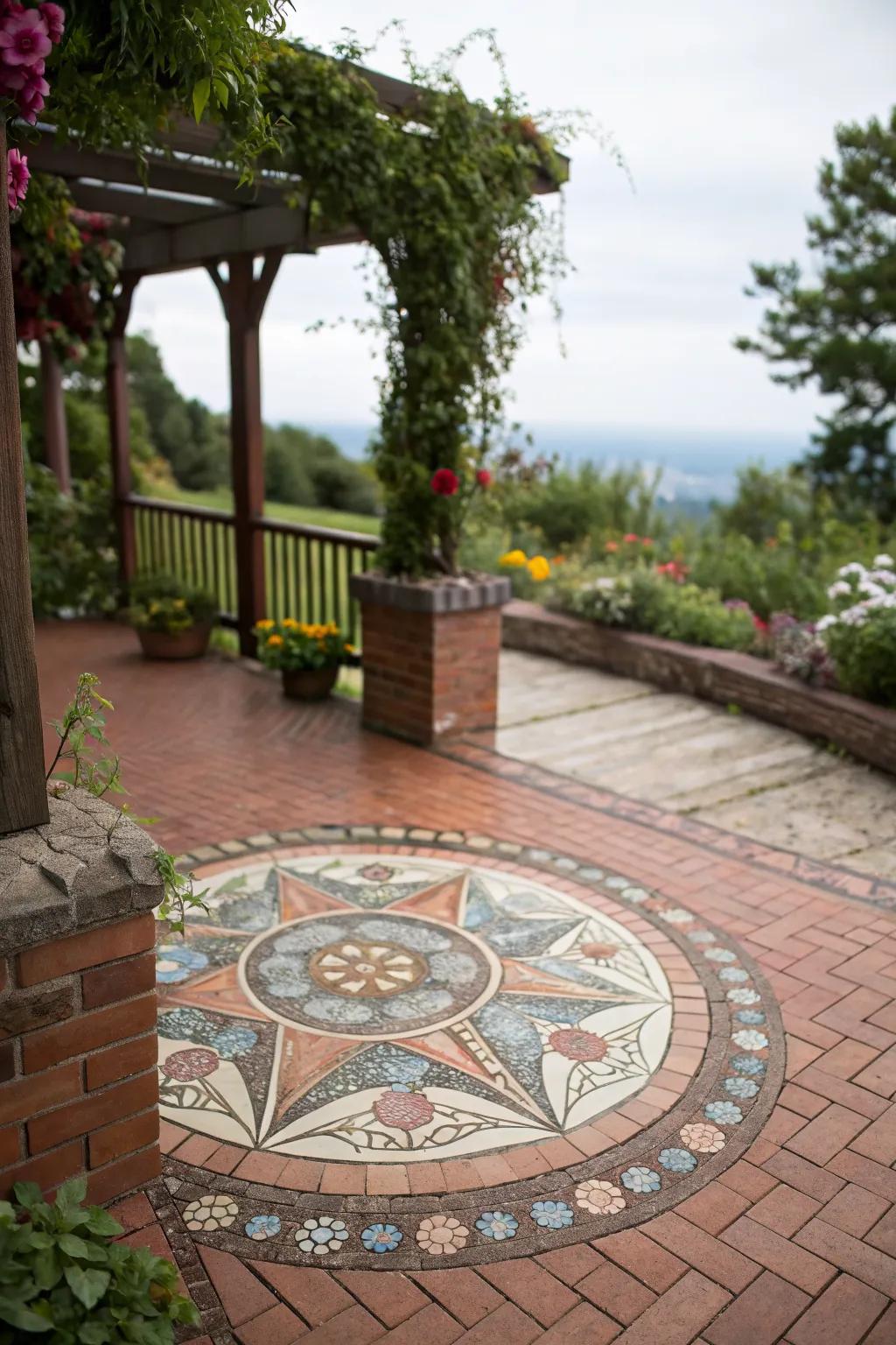 An artful mosaic design adds flair to this brick deck.