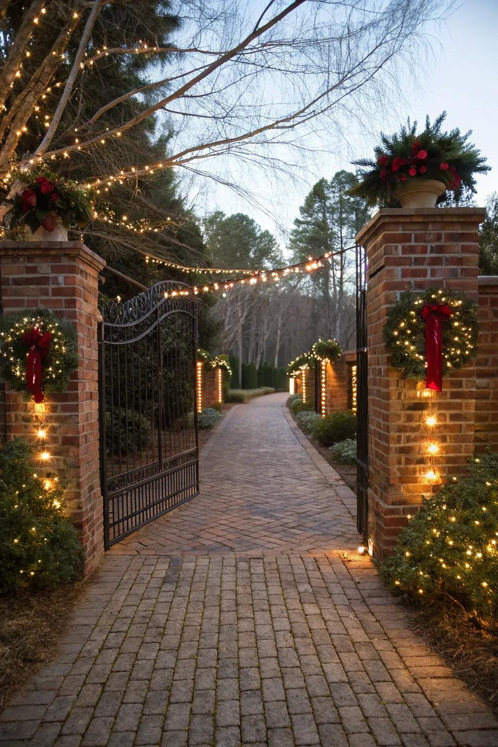 Festive decorations adding charm to a brick driveway entrance.