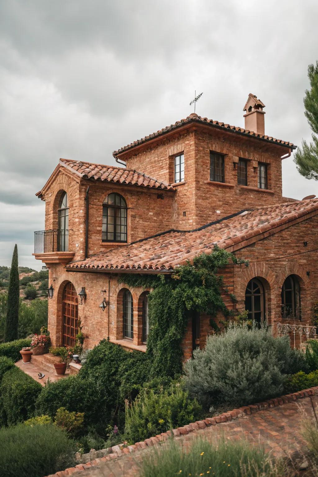A Mediterranean-style house with a warm terracotta brick exterior.