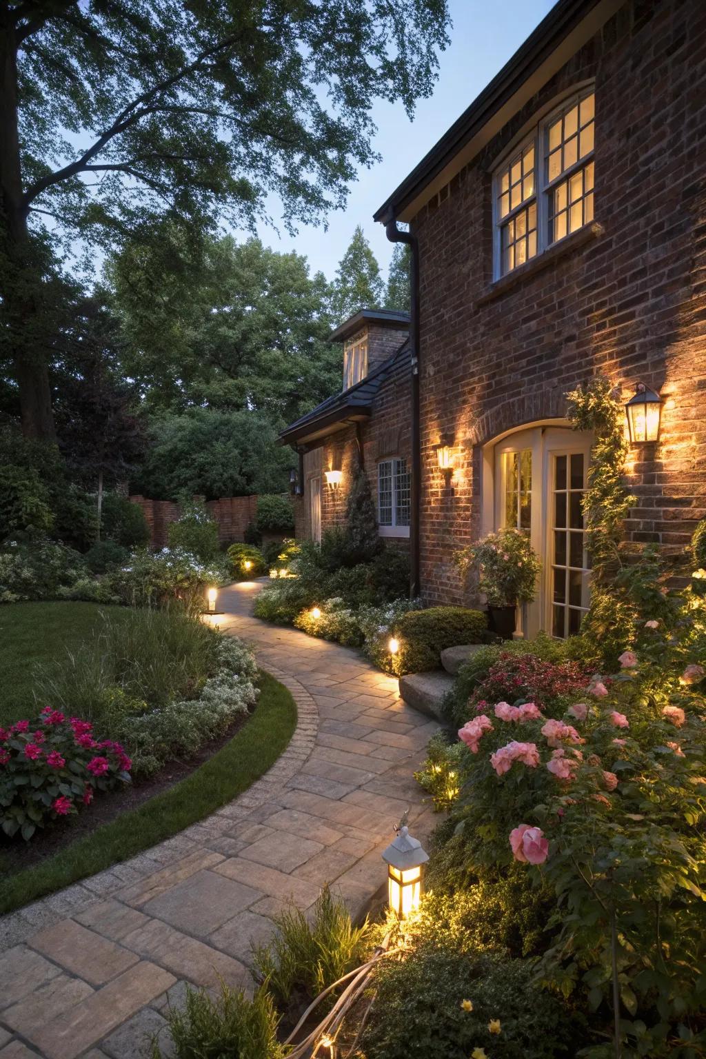 Accent lighting enhances garden features at night