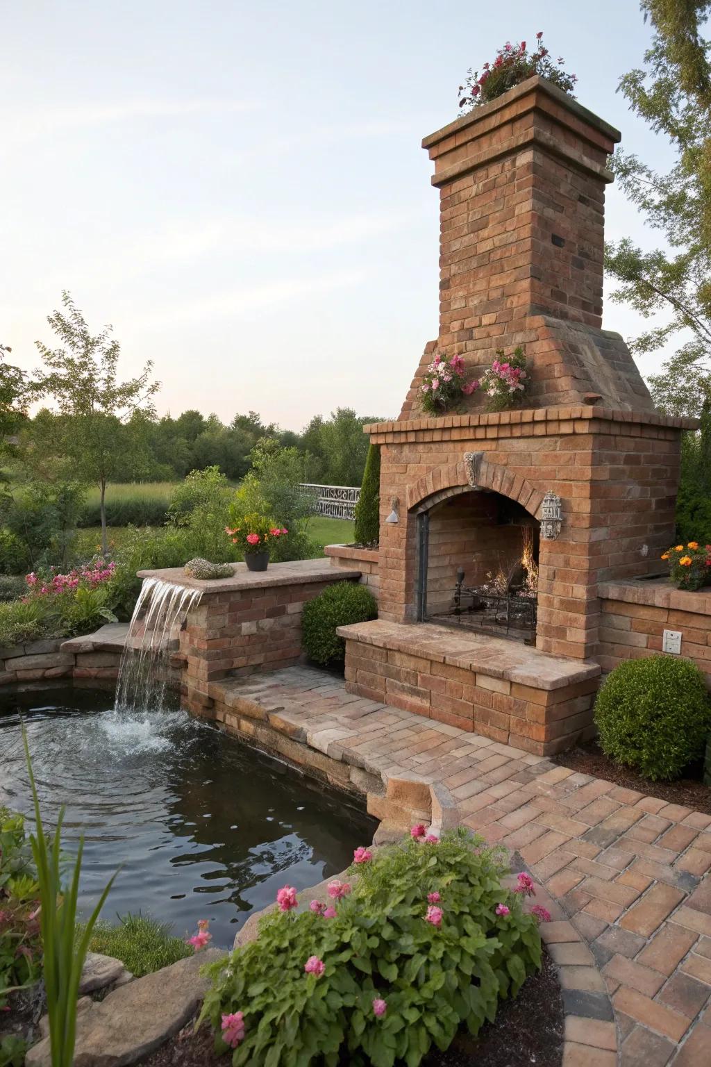 A fireplace with a waterfall feature offers a unique, tranquil atmosphere.