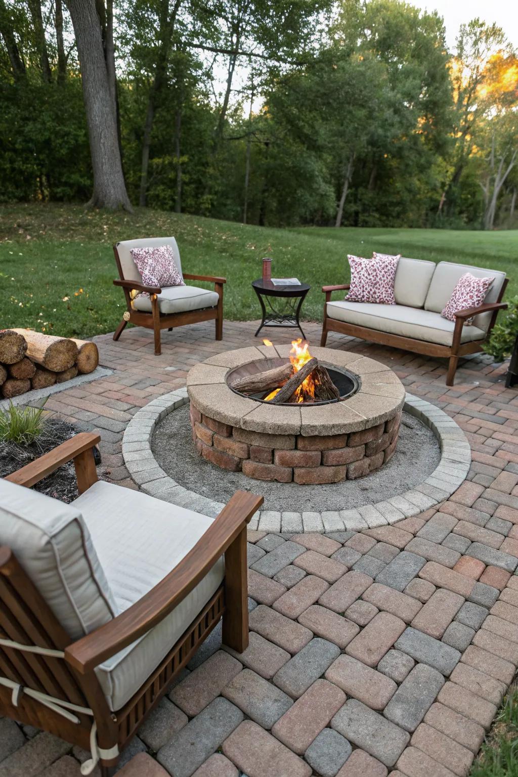 Cozy fire pit surrounded by brick pavers.