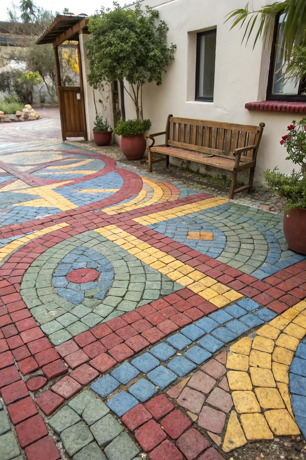 An artistic patio showcasing a mosaic brick paver pattern.
