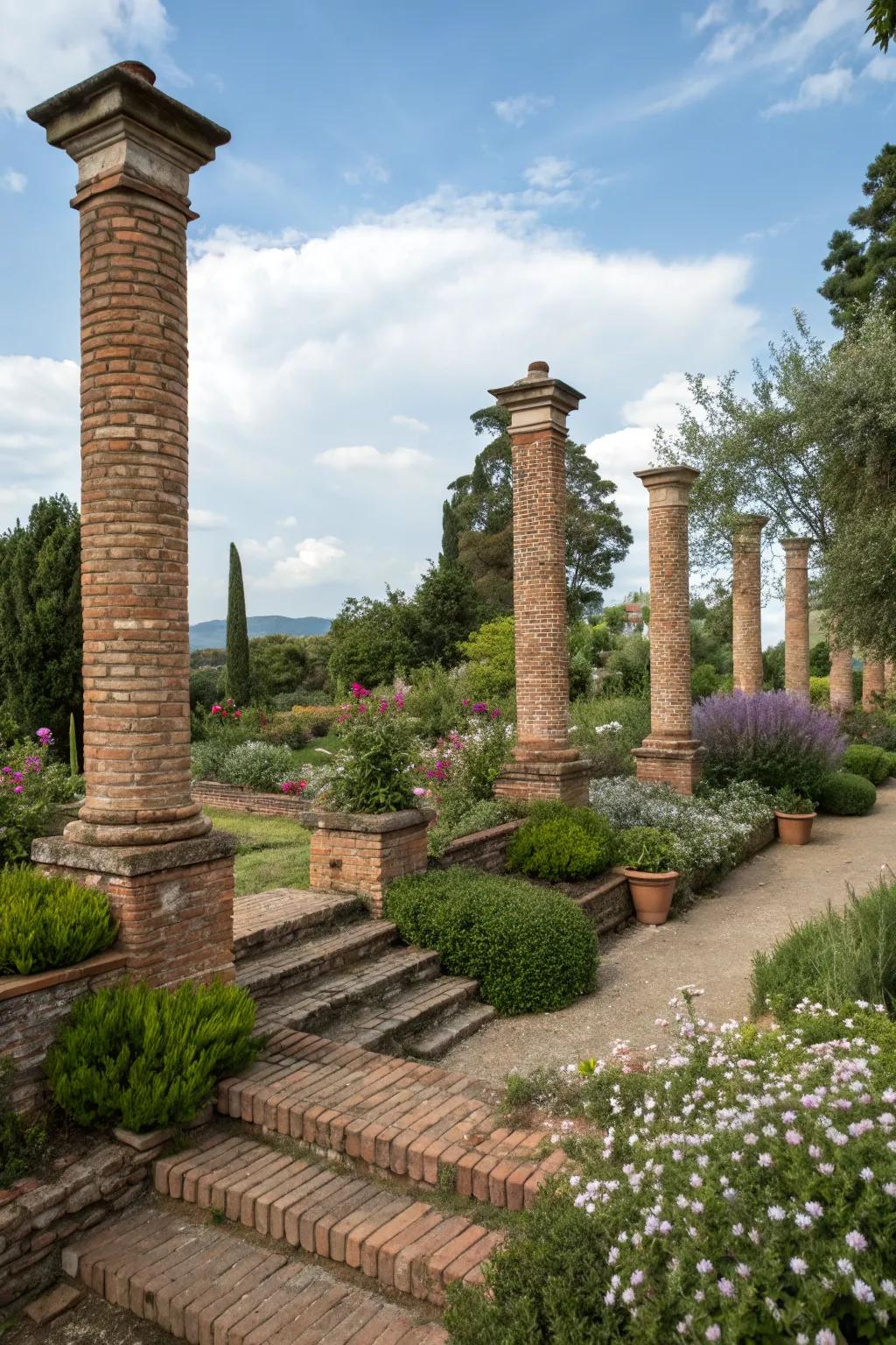 Brick pillars highlighted by layered landscaping, adding depth to the garden.