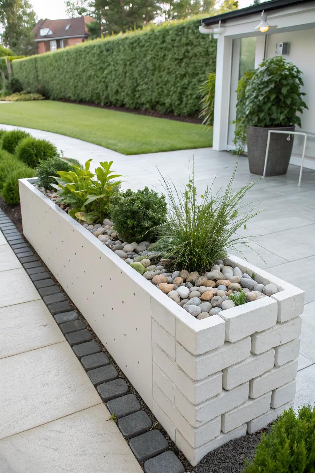 A modern minimalist brick planter adding sophistication to the garden.