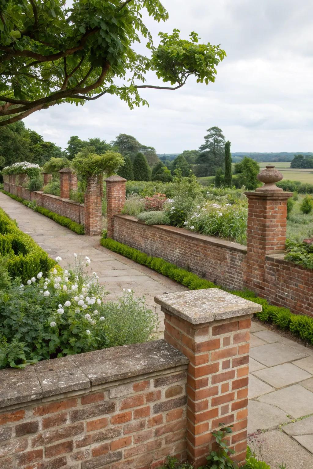 A low brick planter wall providing subtle elegance in a garden.