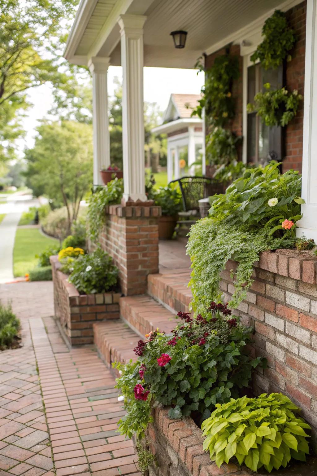 Lush planter walls on a brick porch.