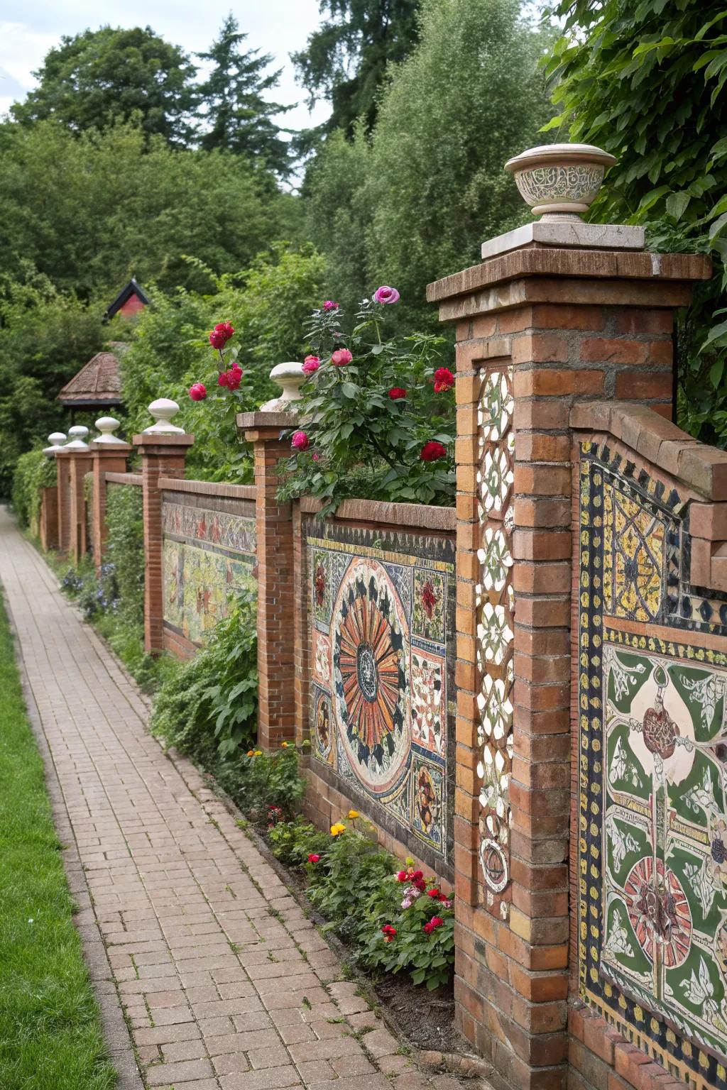 Turn your fence into art with mosaic brick patterns.