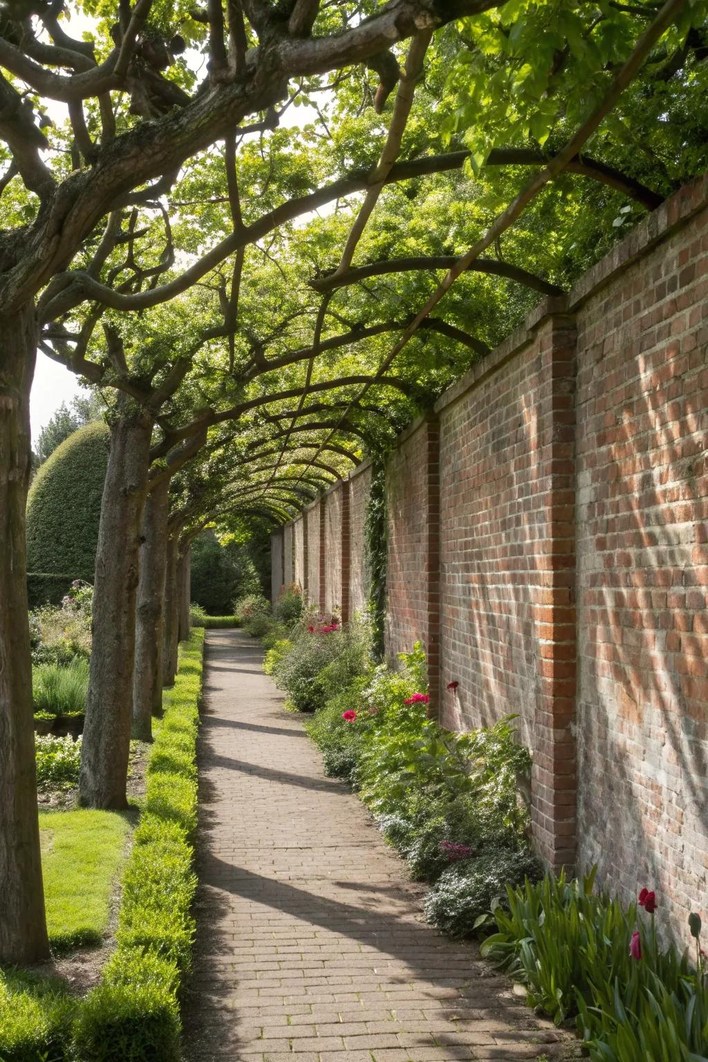 Pleached trees add elegance to a brick wall.