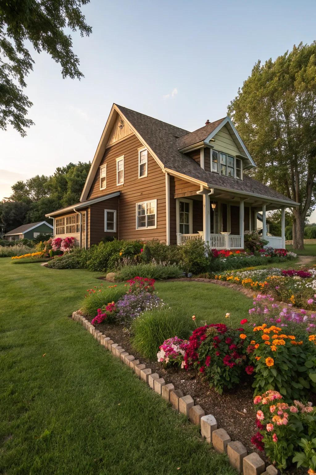 Beige trim adds a sophisticated contrast to brown siding.
