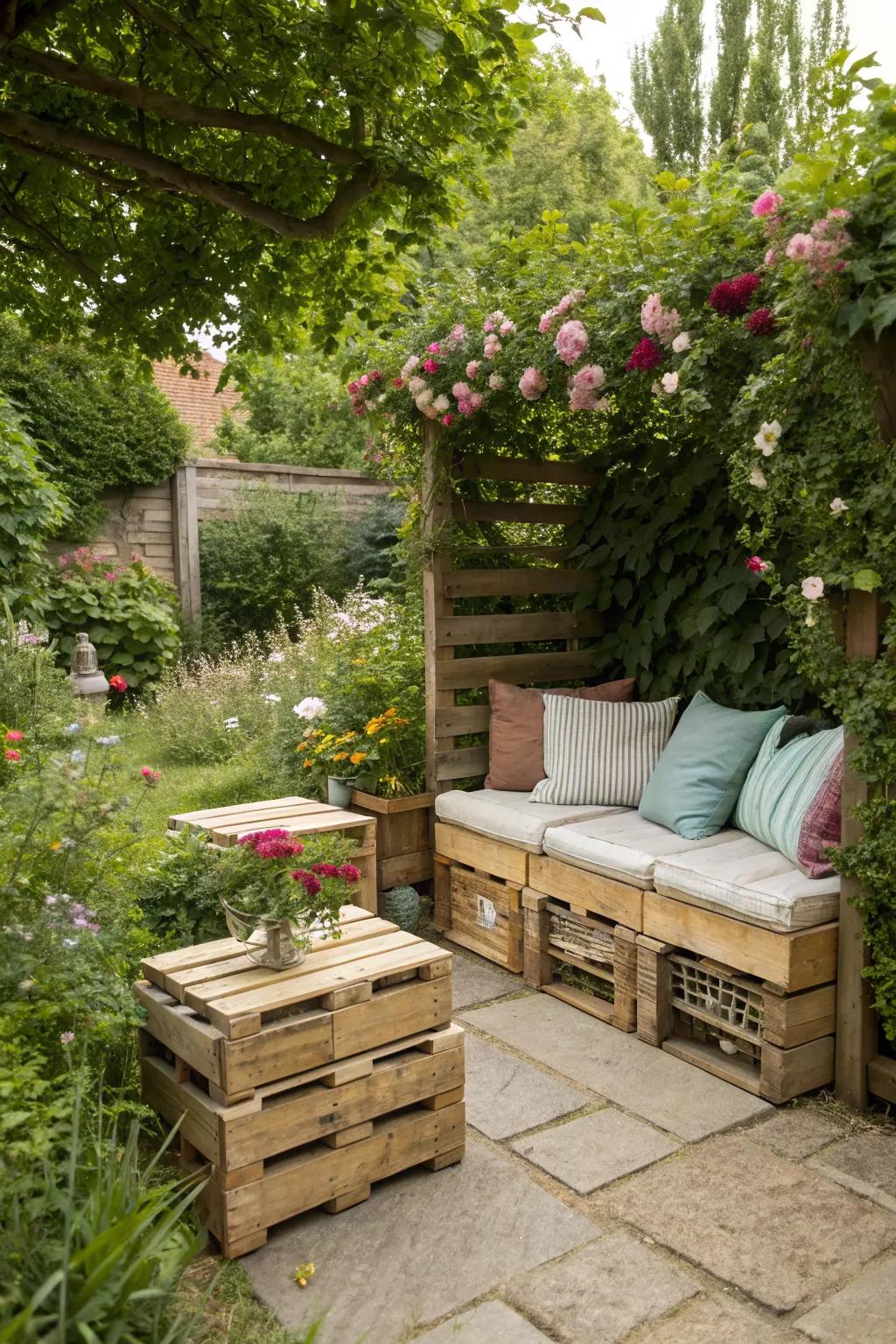 Wooden crates offer dual-purpose seating and storage.