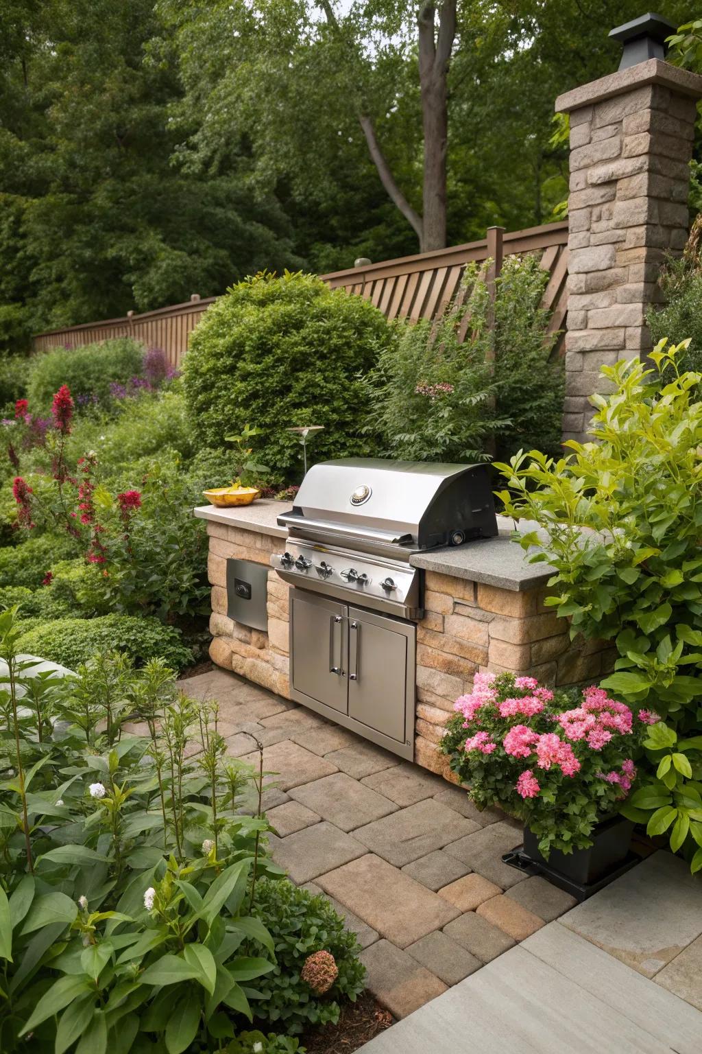 Integrating your grill into a garden setting creates a tranquil cooking atmosphere.