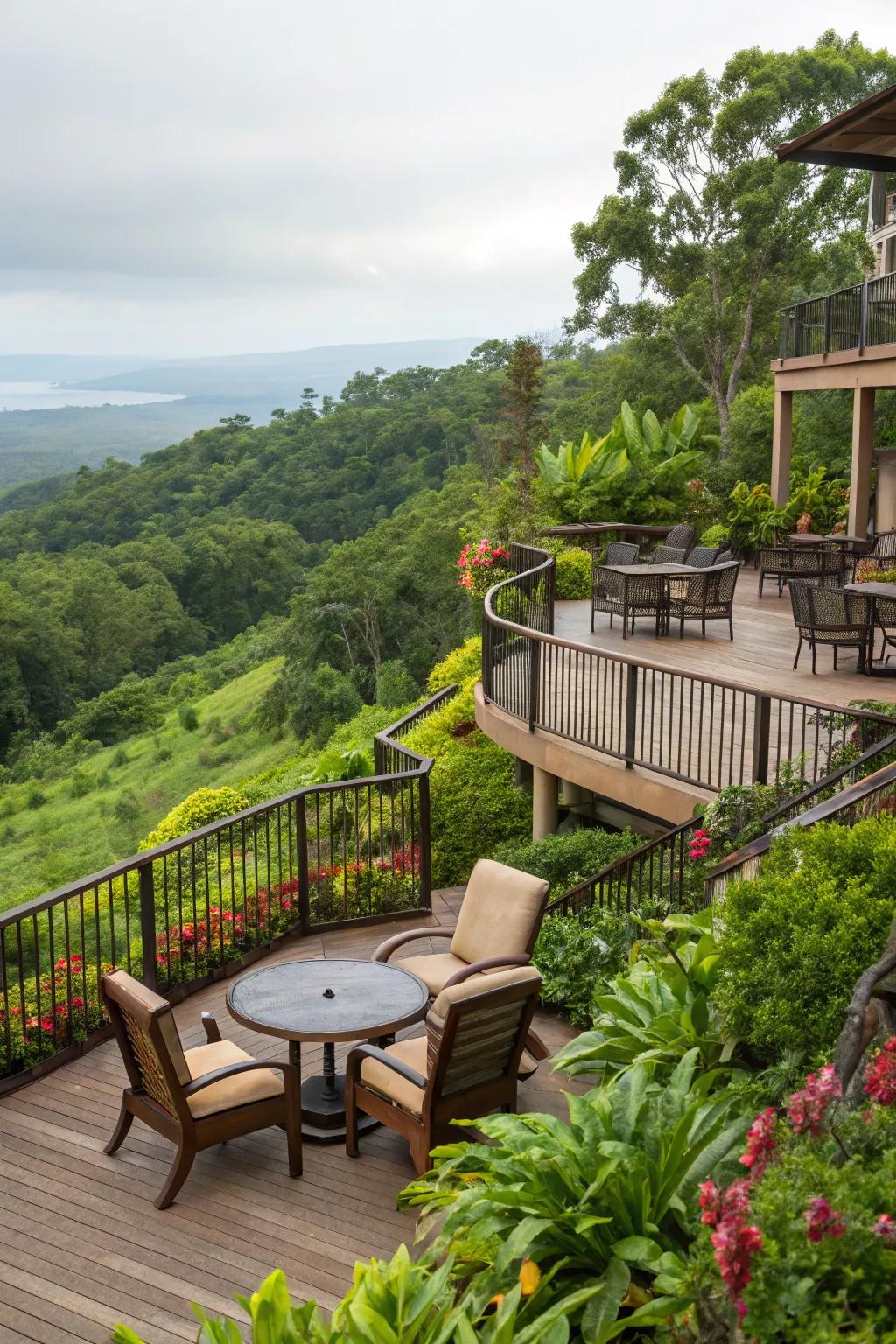 Multi-level benches add depth and interest to expansive decks.