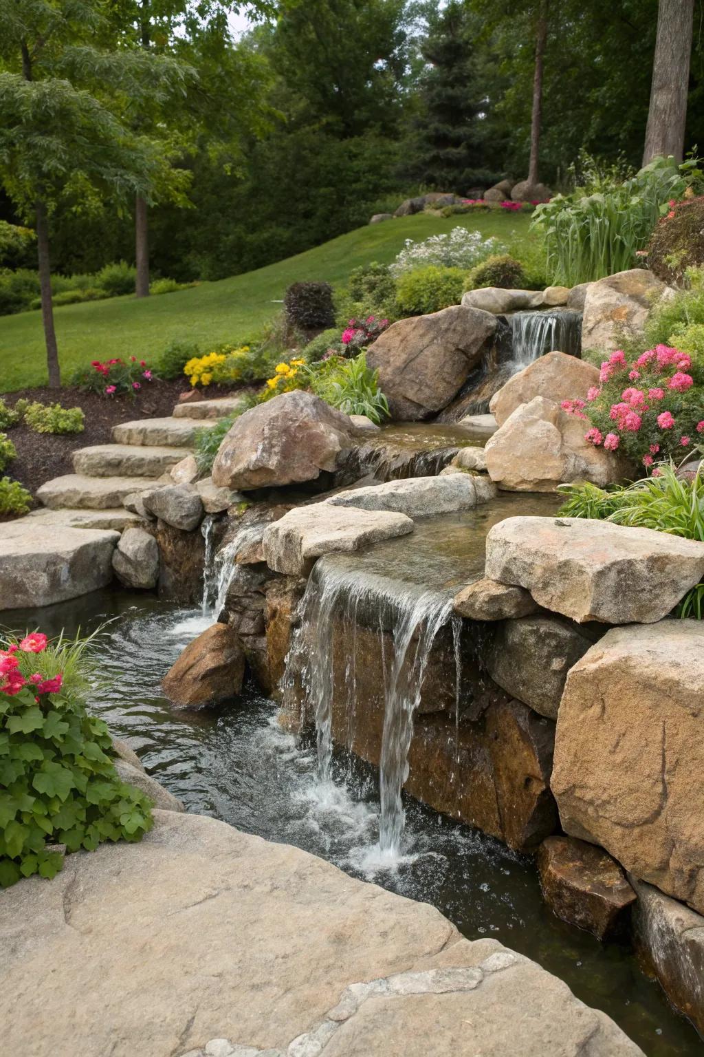 A tranquil water feature crafted from bull rocks, adding sound and movement.