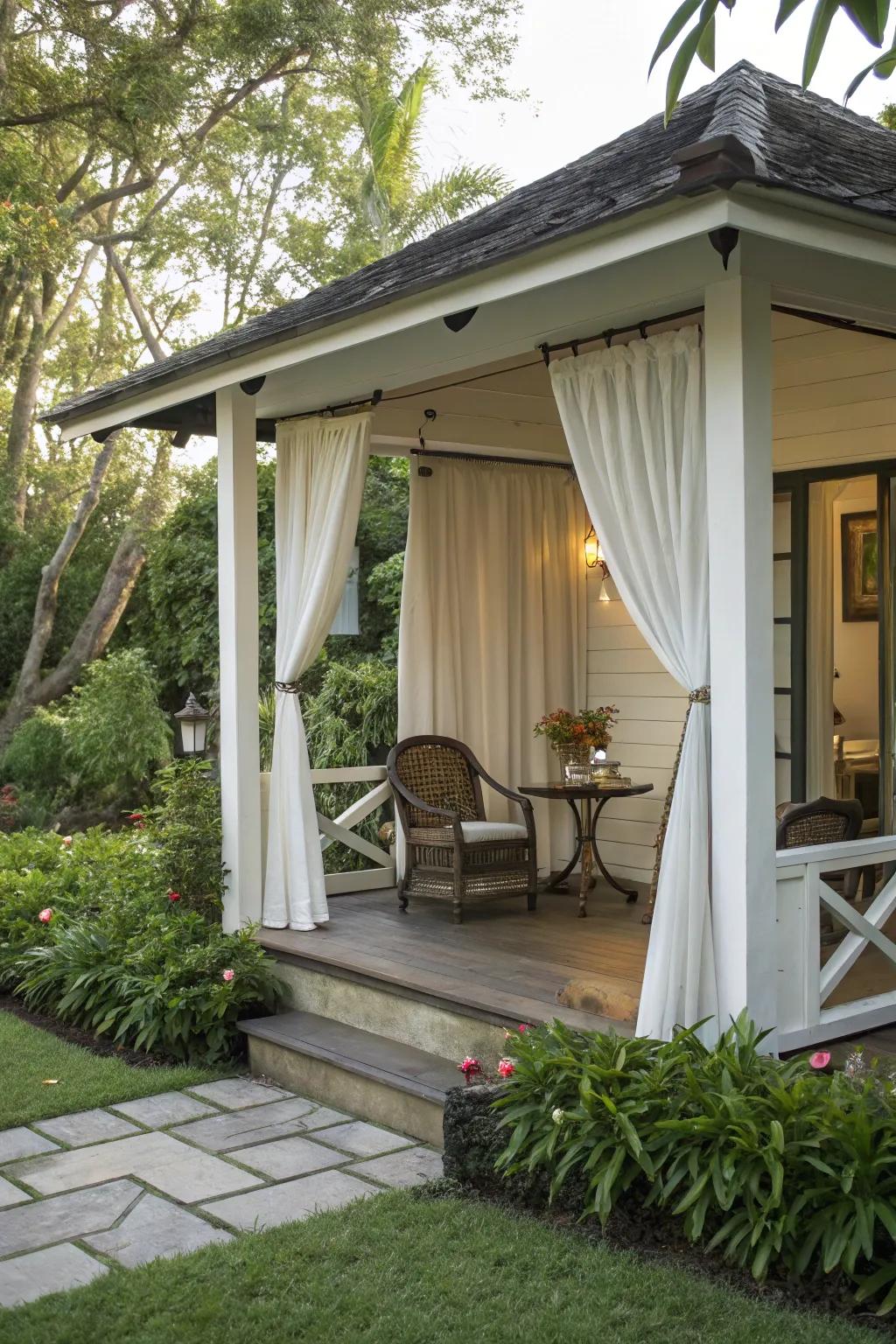 Outdoor curtains define zones and create privacy on the porch.