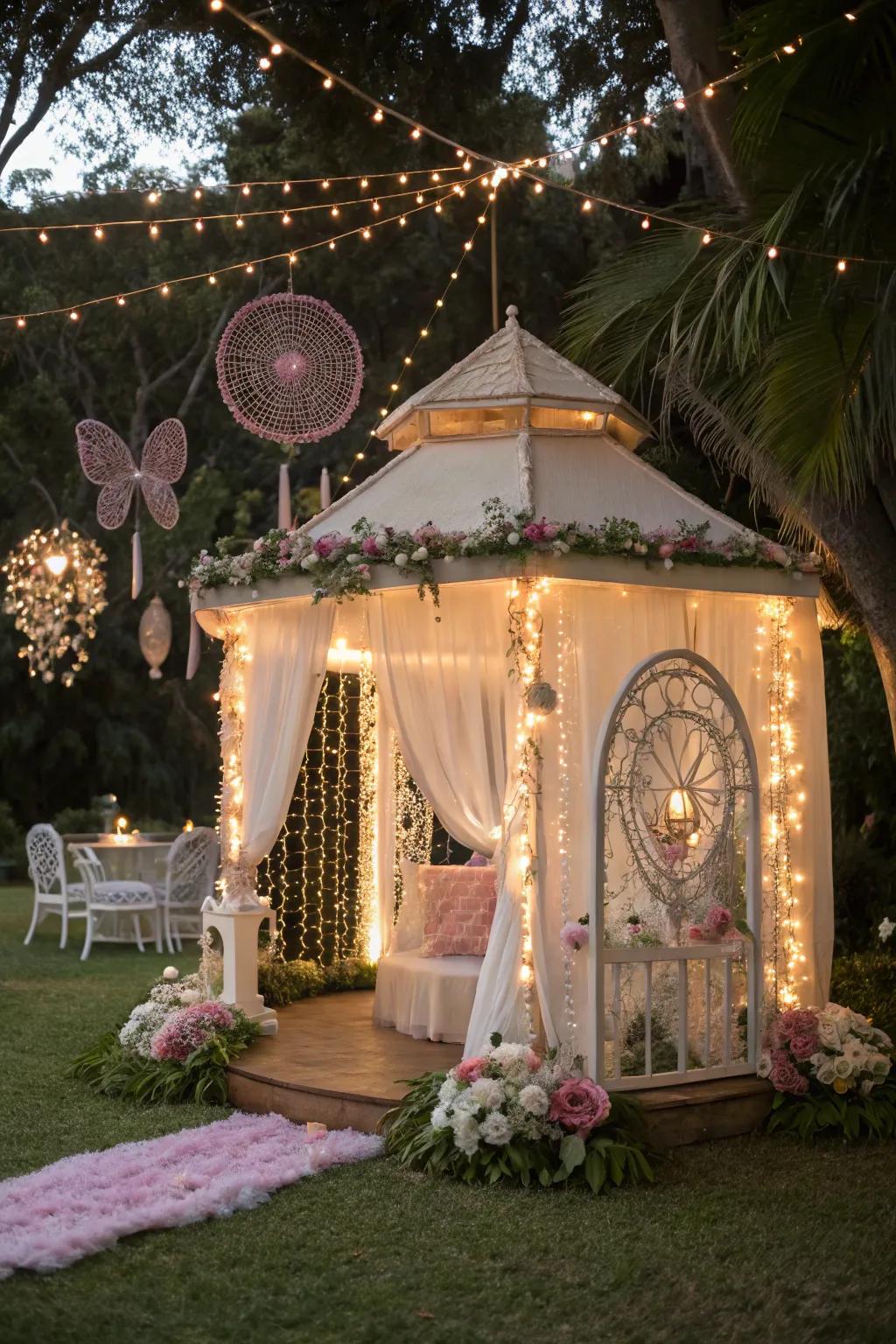 A fairy tale cabana adorned with twinkling lights and whimsical decor for a magical escape.