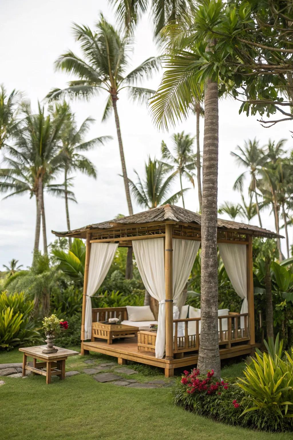 A tropical retreat with bamboo and greenery.