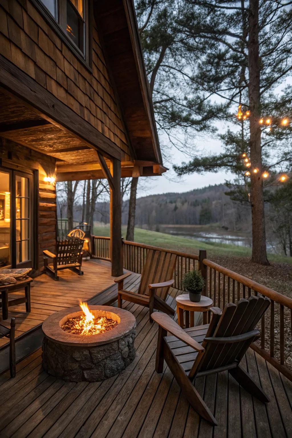 A fire pit invites warmth and conversation.