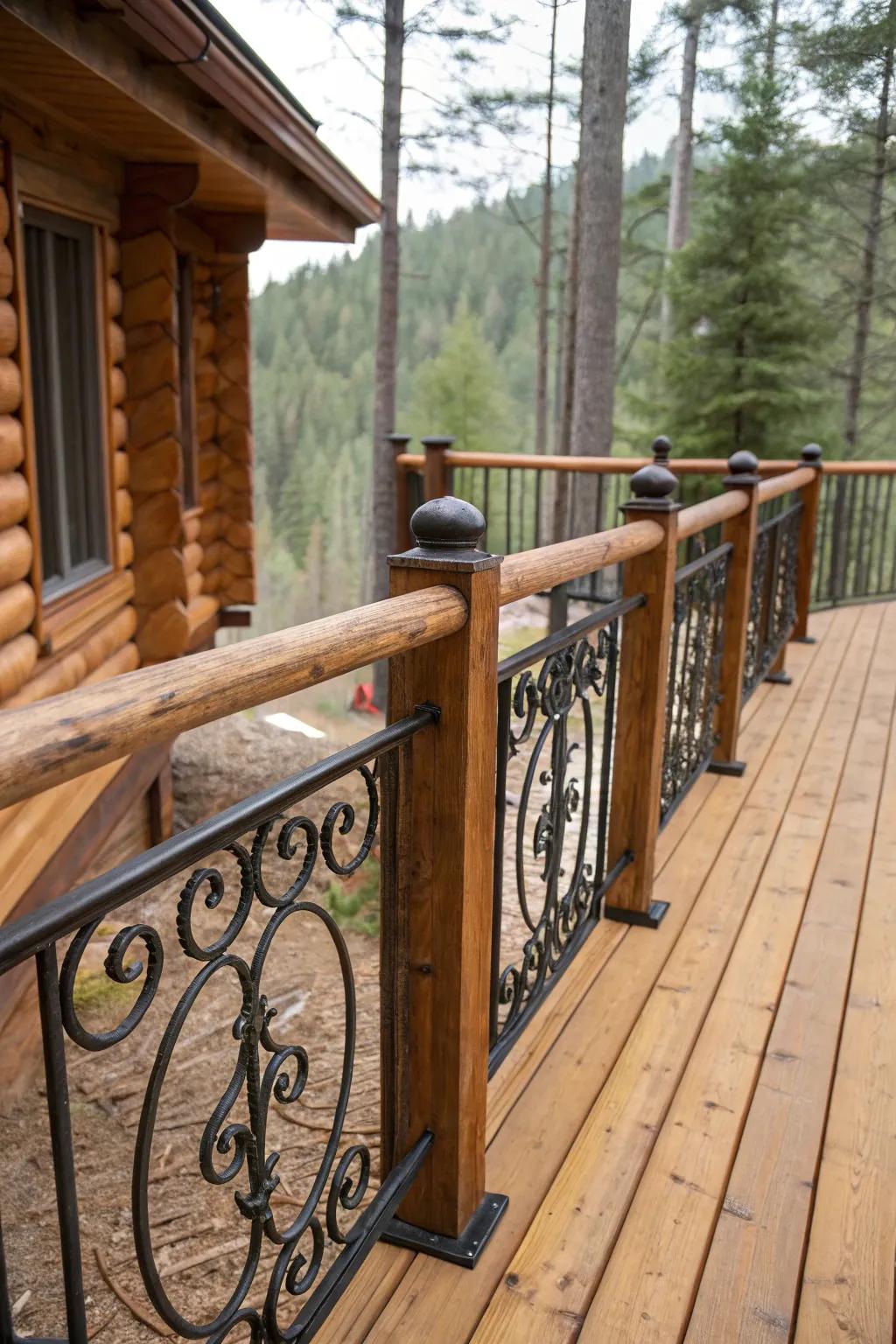 A mixed-material railing with wood and wrought iron for an eclectic look.