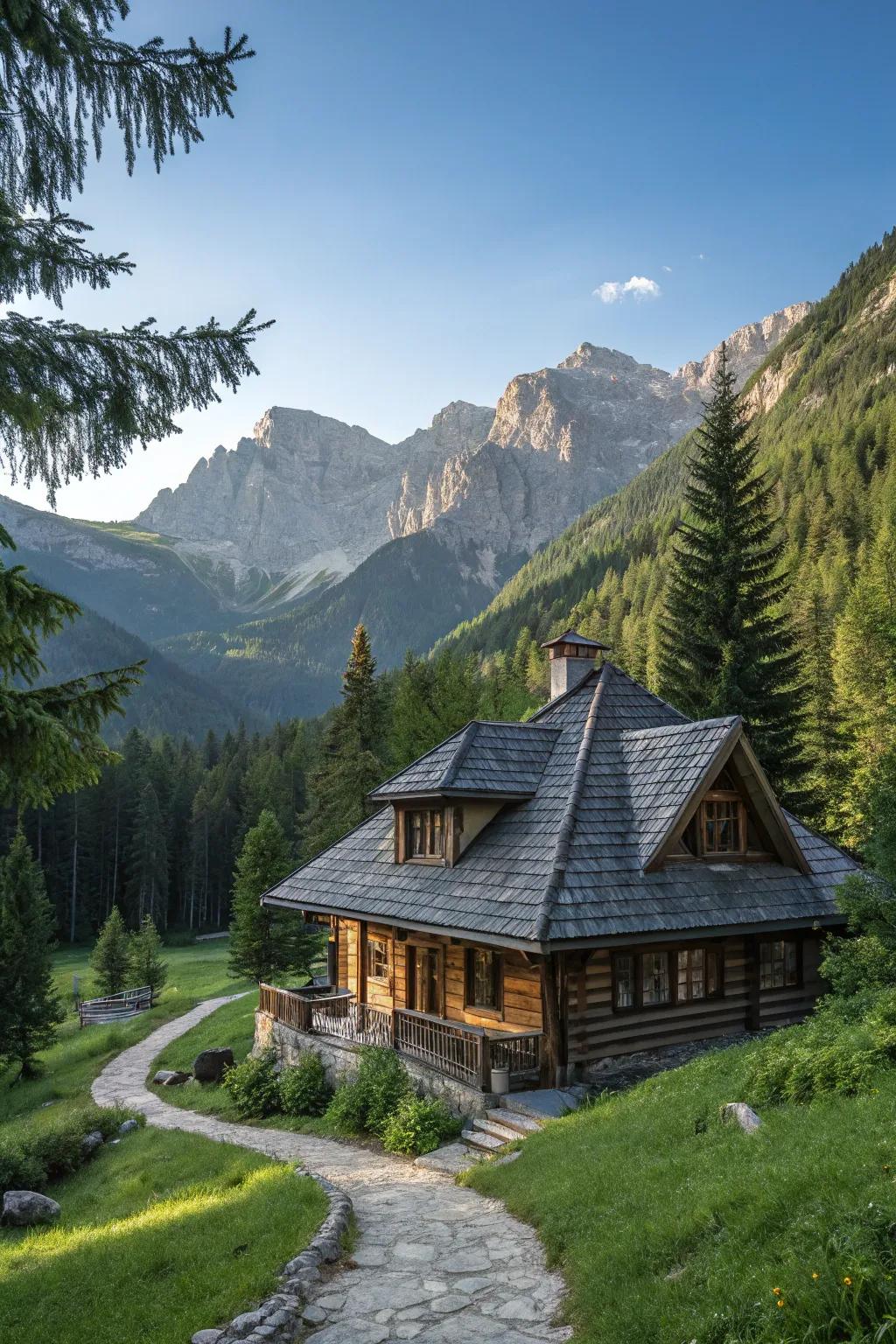 A majestic cabin with a slate roof in a picturesque valley.