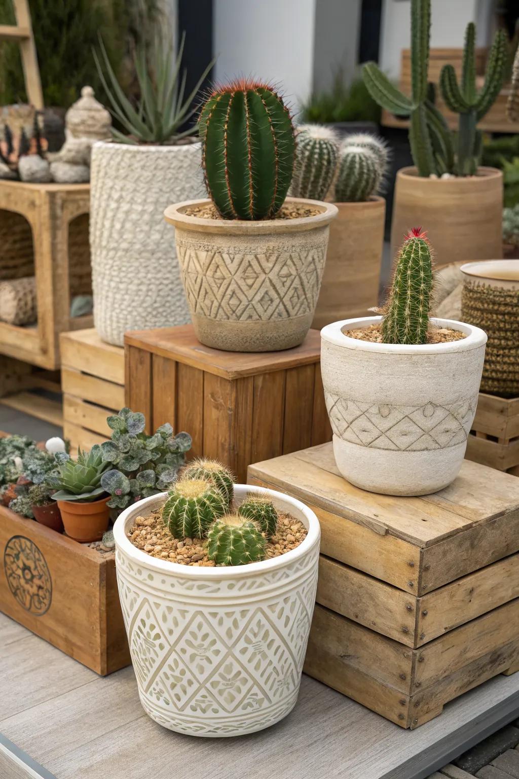 Textured pots complement the rugged nature of cacti.