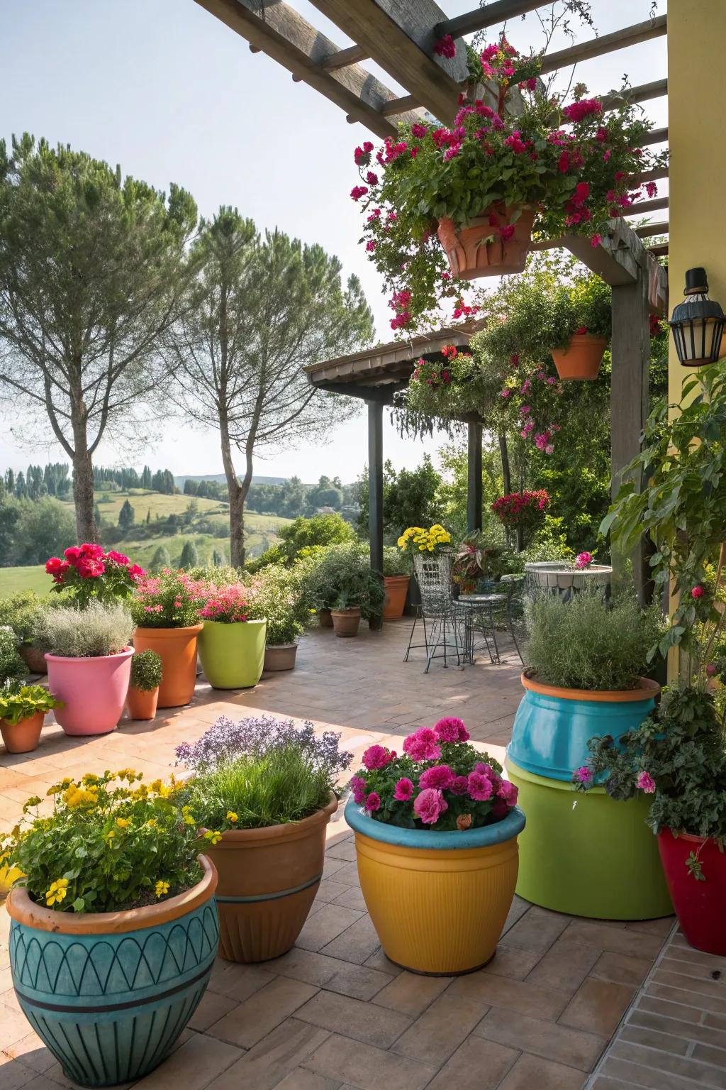 A patio bursting with life from vibrant pots and planters.