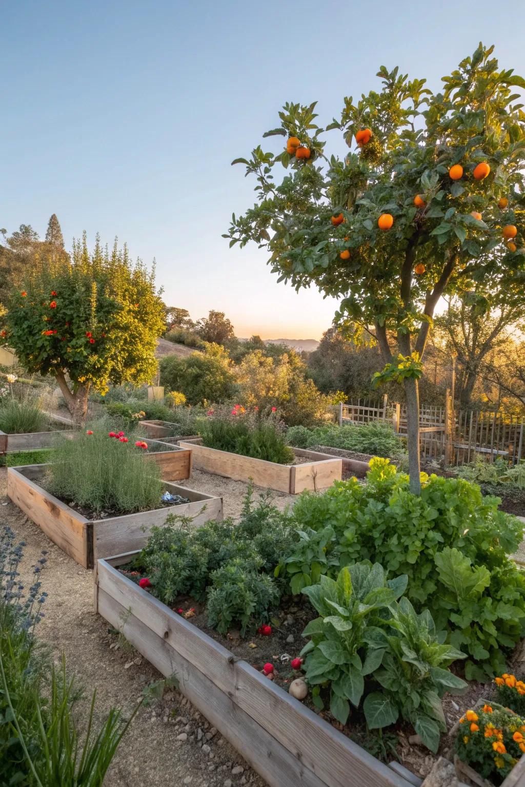 A garden featuring edible plants like herbs and citrus trees.