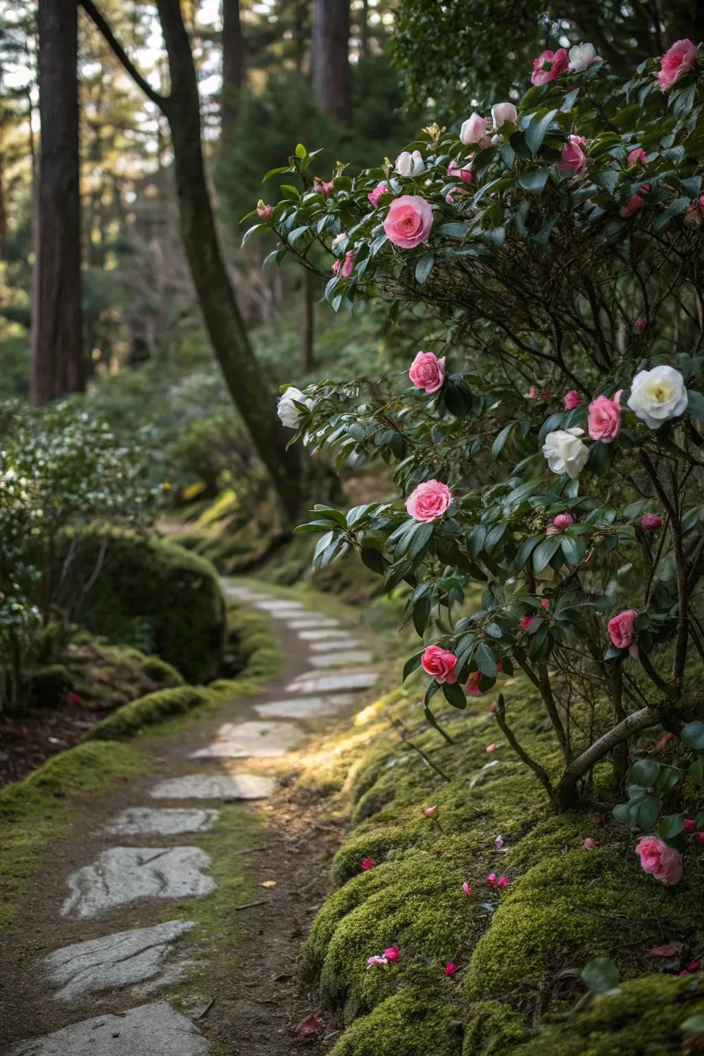 Camellias add surprise and delight to woodland paths.