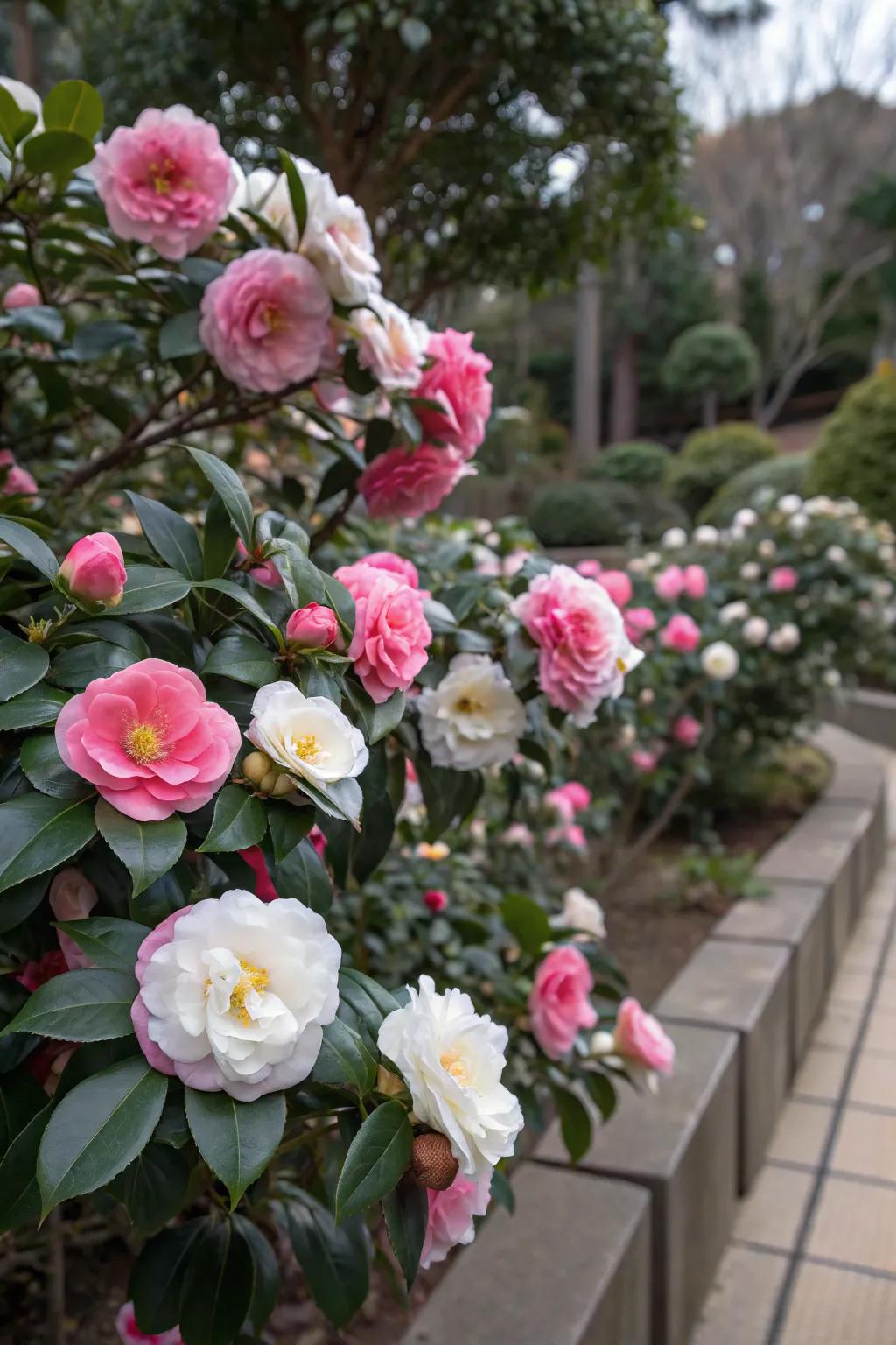 Seasonal camellia displays bring vibrant color to gardens.