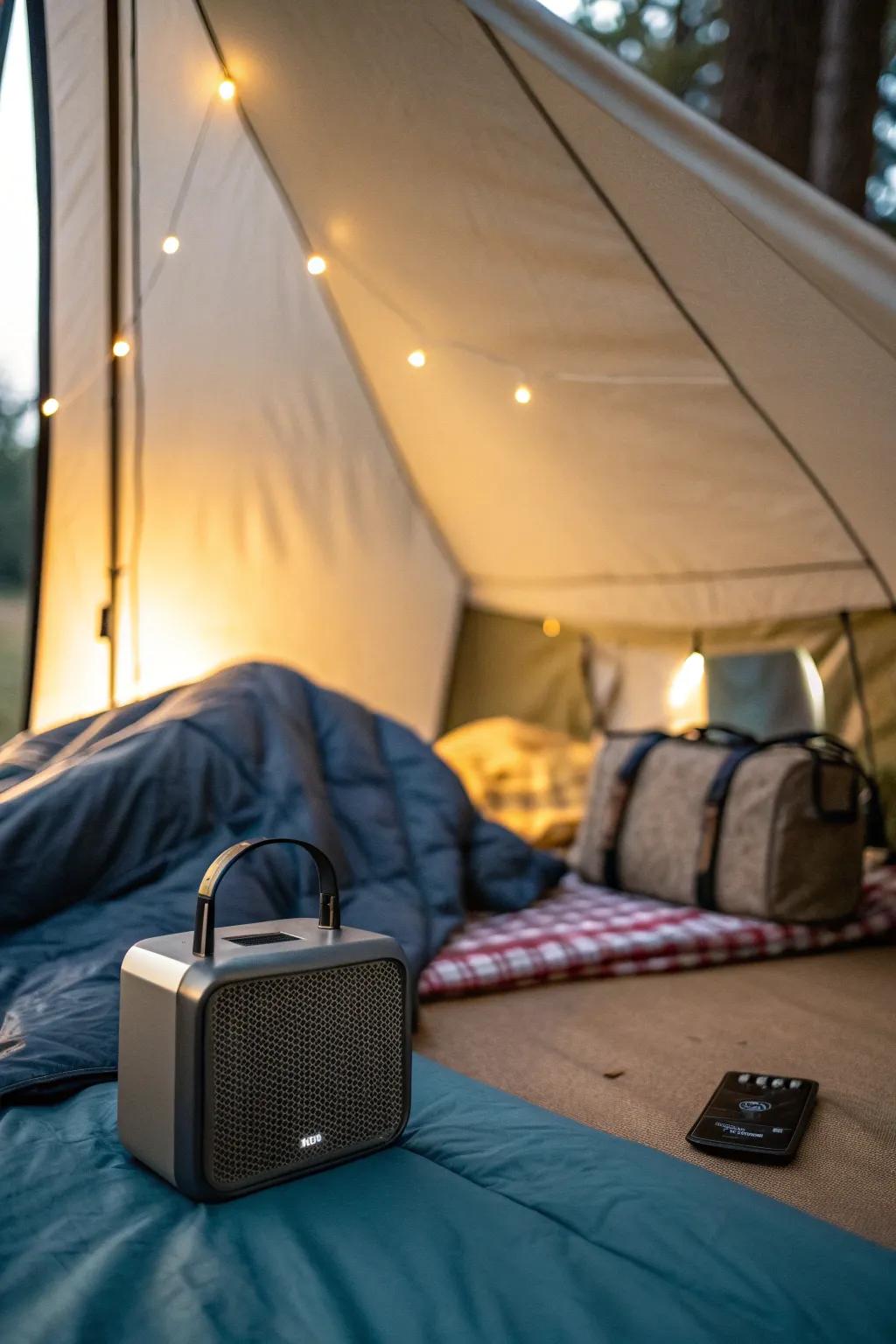 Soft music sets the mood and enhances the camping ambiance.
