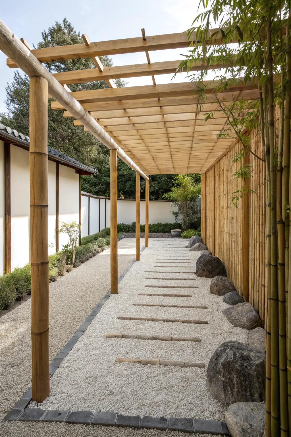 A Zen garden pergola offers a serene and calming outdoor space.